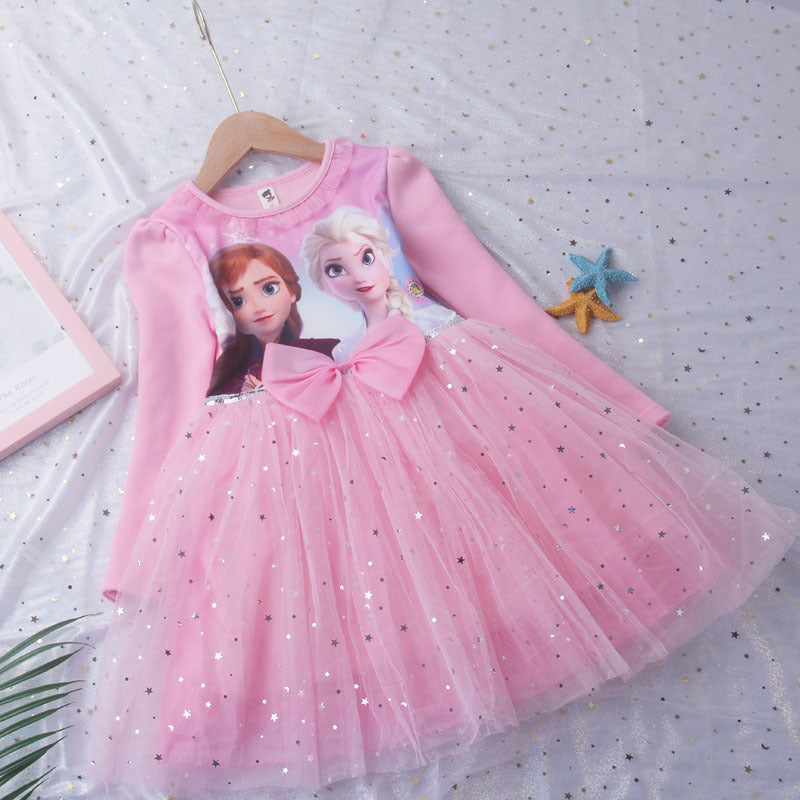Kid Girl Elsa Long Sleeved Pure Autumn Fluffy Yarn Dress