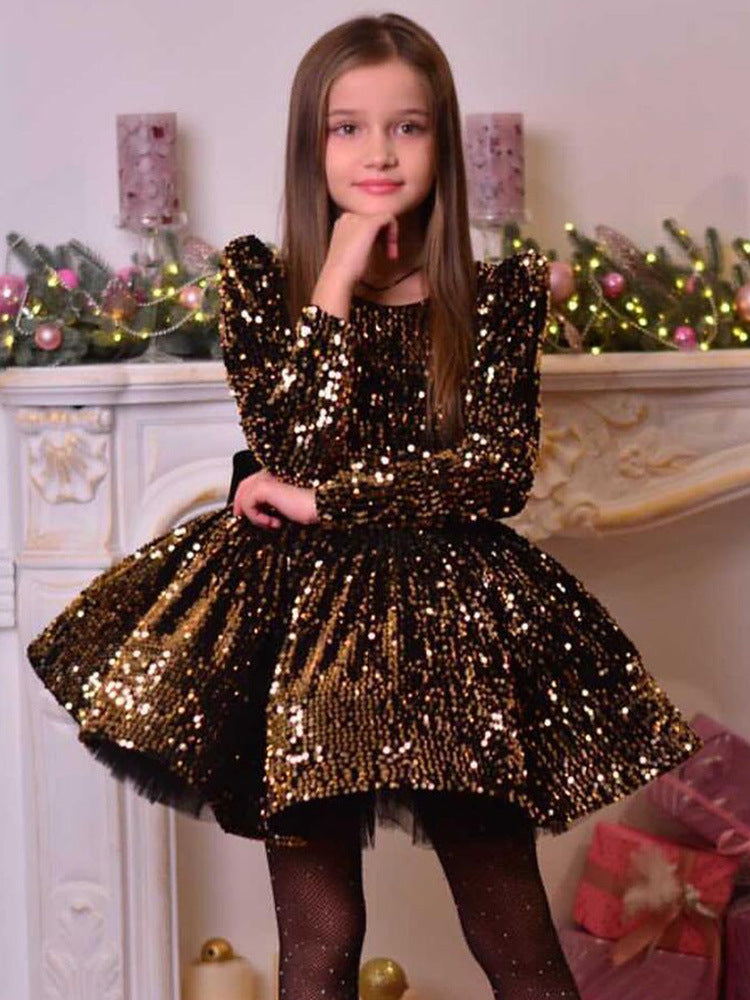 Kid Baby Girl Puff Sleeve Sequin Birthday Party Catwalk Skirty Dresses
