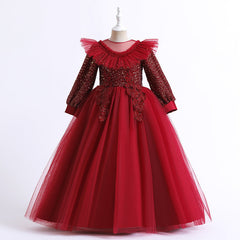 3-12T Kid Girl Long Sleeve Mesh Lace Walk Show Hosting Dress