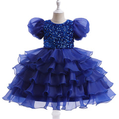 Kid Girl Princess Bubble Sleeve Sequins Pompous Gauze Dresses