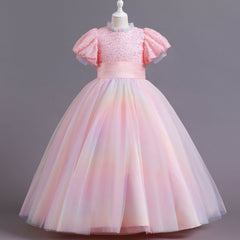 Kid Gir Princess Mesh Gauze Wedding Bubble Sleeve Piano Long Dresses