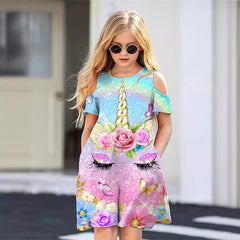 Kid Girl Princess 3D Pony Print Elegant Off Shoulder Dress