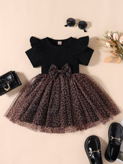 Kid Girl Black Pit Stripe Patchwork Leopard Print Mesh Dress