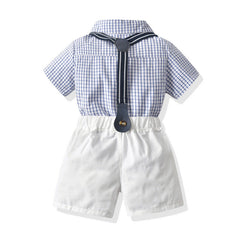 Kid Baby Boy Set Plaid Bowknot Short Sleeve Strap 2 Pcs Sets