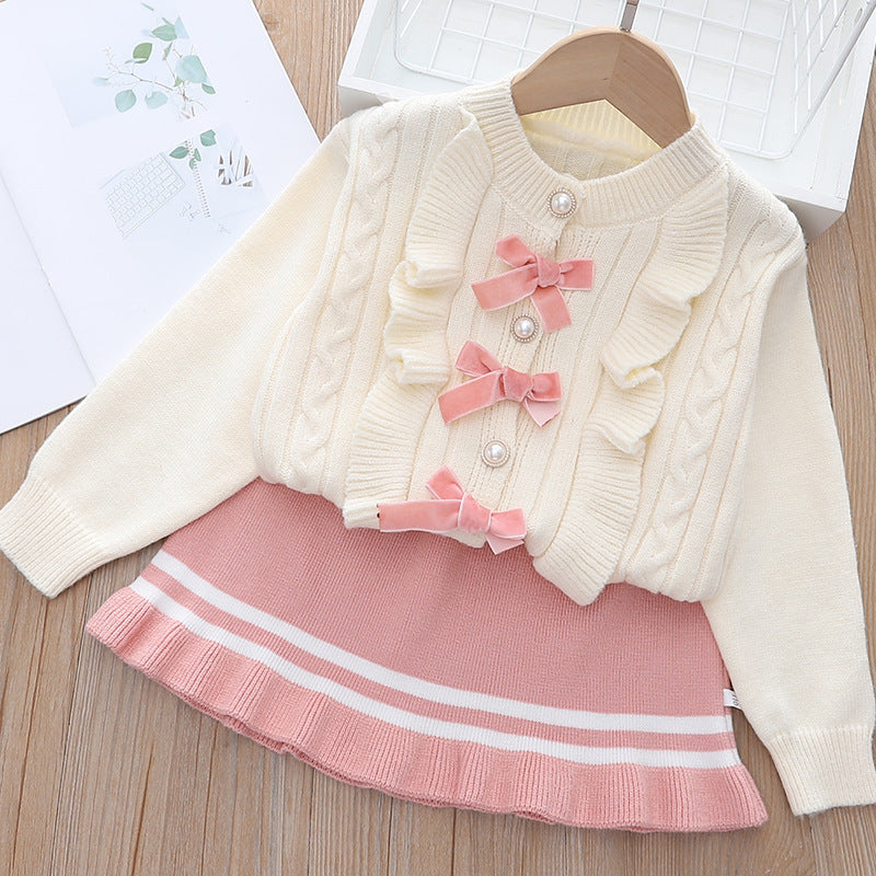 Kid Girl Korean Bowknot Sweater Knit Trend 2 Pcs Sets