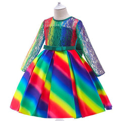 Kid Girl Christmas Gradual Long Sleeve Bow Lace Dress