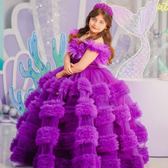 Kid Girl Formal Mesh Performance Purple Pleated Cake Dresses