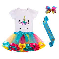 Girls Birthday Shoulder Strap Skirt Set Birthday Girl One-horned Round Neck T-shirt
