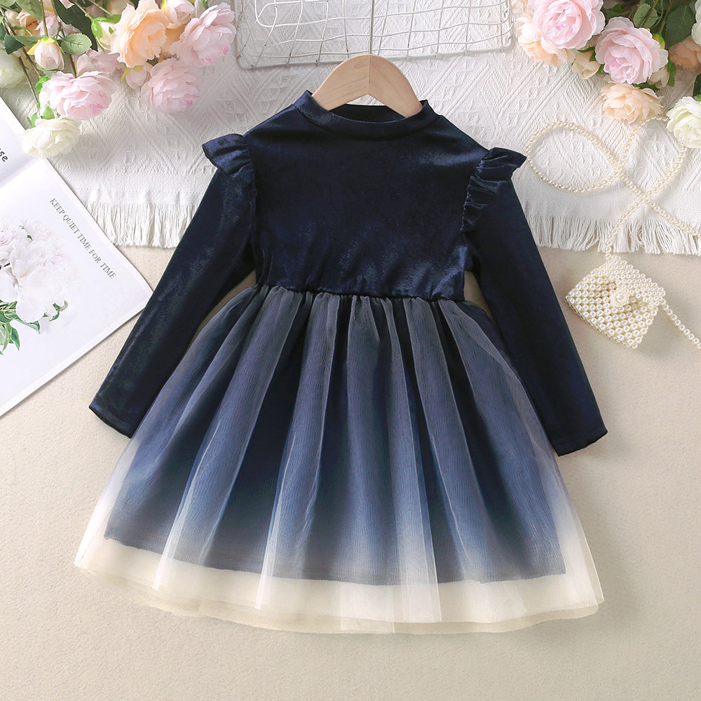Kid Girl Fall Model Canary Fly Sleeve Stitching Mesh Dresses