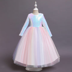 Kid Girl Colorful Sequins Shaggy Piano Performance Dresses