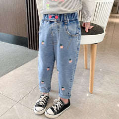 Kid Girls Flower Jeans Foreign Casual Trousers Spring Autumn Pants