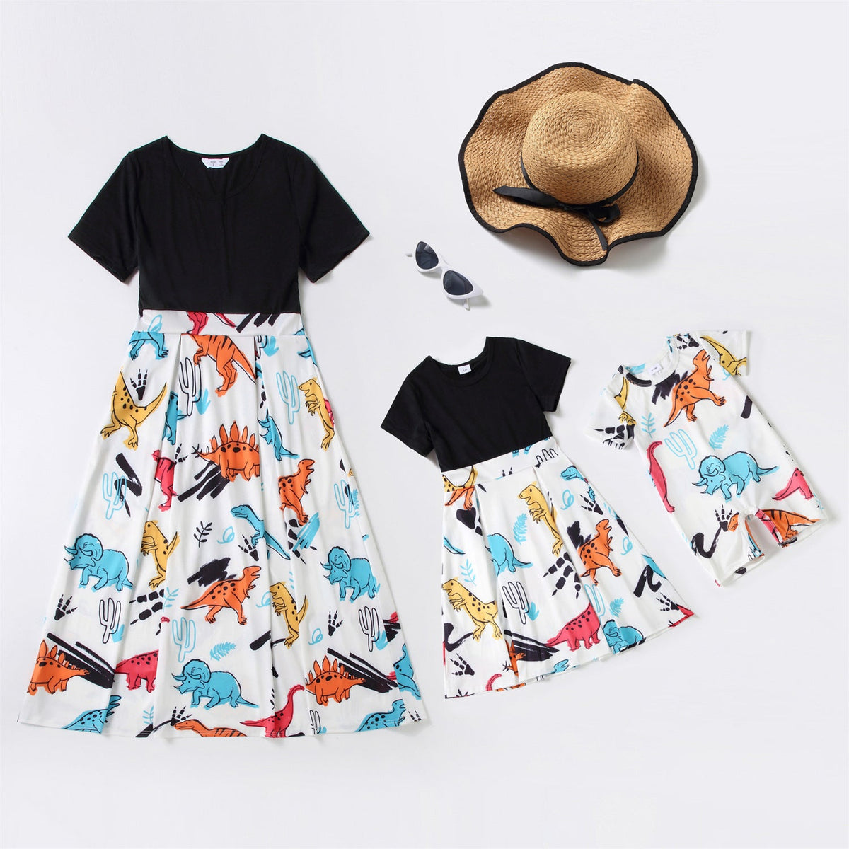 Family Matching New Parent-child Round Collar Short Sleeves Dinosaur Dresses