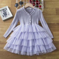 Kid Baby Girls Long Sleeve Knitted Mesh Cake Dresses