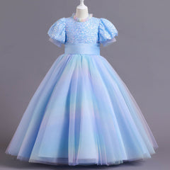 Kid Gir Princess Mesh Gauze Wedding Bubble Sleeve Piano Long Dresses