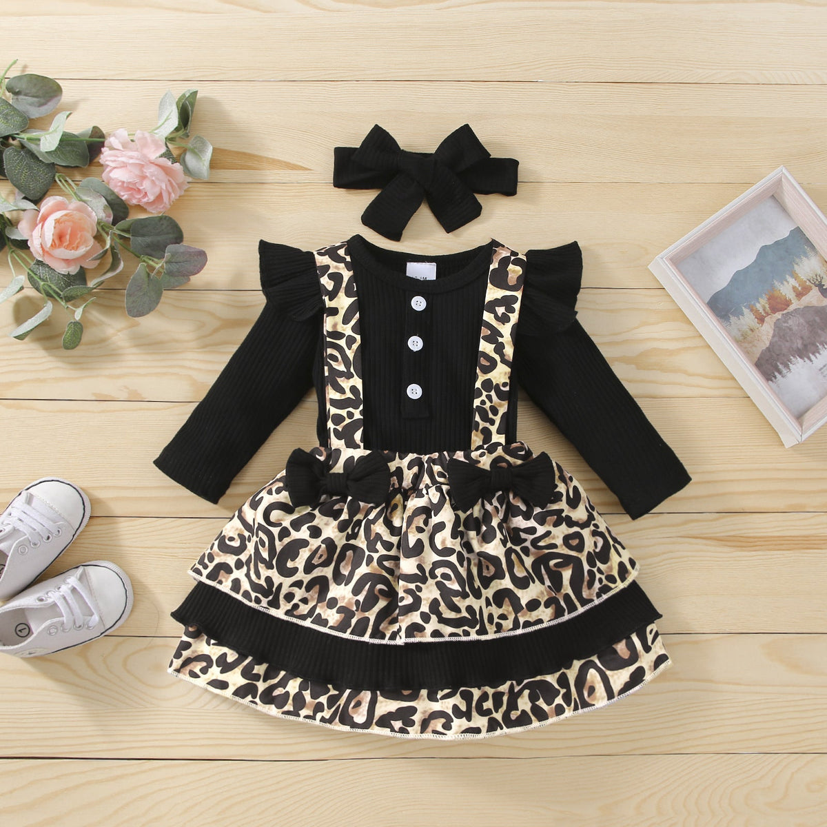 Baby Girl Leopard Print Strap Autumn Winter Set 2 Pcs