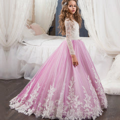 Kid Girl Lace Long Sleeves Trailing Flower Wedding Puffy Dresses