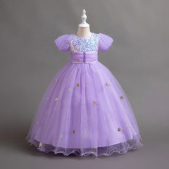 Kid Girl Long Piano Runway Performance Flower Short Sleeved Dresses