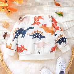 Baby Boy Long-sleeved Crew Neck Cartoon Dinosaur Print Pullover Shirts