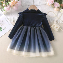 Kid Girl Fall Model Canary Fly Sleeve Stitching Mesh Dresses