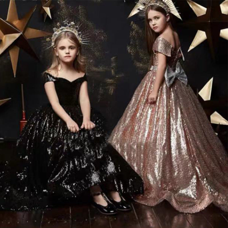 Kid Girl Silver Blue Gradual Long Tuxedo Piano Performance Dress