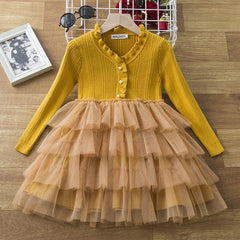 Kid Baby Girls Long Sleeve Knitted Mesh Cake Dresses
