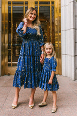 Family Matching Mother Daughter Floral Digital Print Pleated Square Dresses