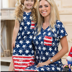 Family Matching Parent-child Mother Daughter Short Sleeve Flag Independence Dress