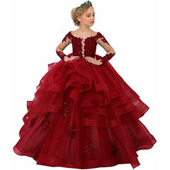 2-10T Kid Gir Wedding Long Sleeve Lace Show Birthday Fluffy Princess Dresses