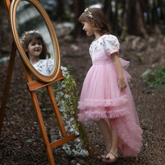 Kid Girl Princess Mesh Flower Fluffy Short Sleeved Trailing Performance Dresses