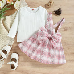 Kid Baby Girls Princess Long Sleeve Bow Plaid Suspender 2 Pcs Sets