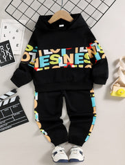 Kid Boys Autumn Winter Sports Letter Splicing Hooded 2 Pcs Sets