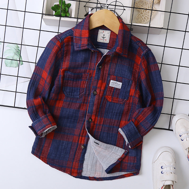 Kid Boy Fashion Letter-printed Plaid Long-sleeve Shirt