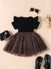 Kid Girl Black Pit Stripe Patchwork Leopard Print Mesh Dress