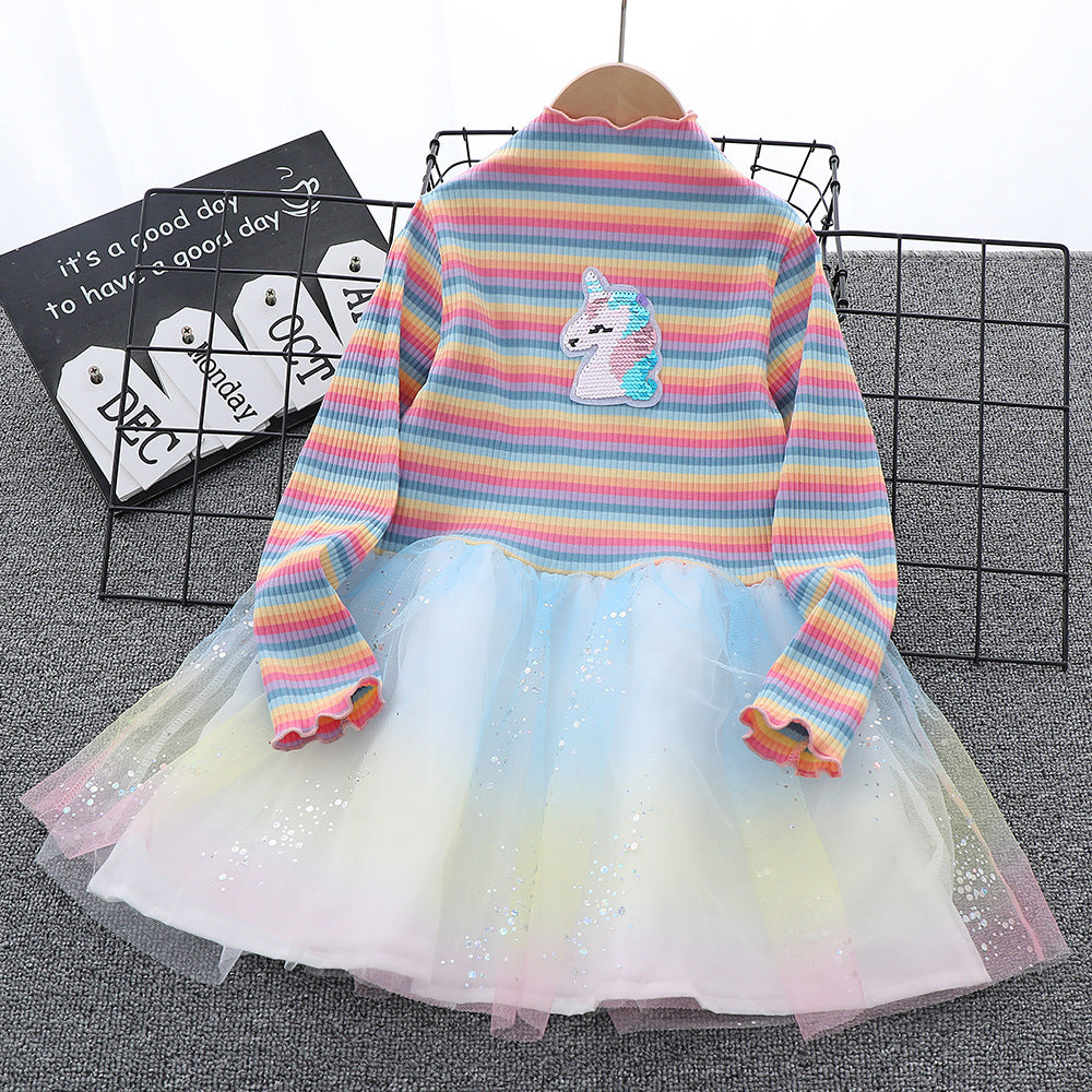 Kid Girl Rainbow Long Sleeved Yarn Fluffy Casual Dresses