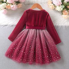 Kid Girl Autumn Golden Velvet Mesh Long Sleeve Dresses