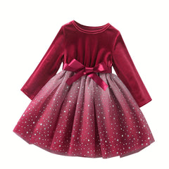 Kid Girl Autumn Golden Velvet Mesh Long Sleeve Dresses