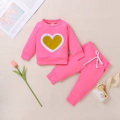 Infants Baby Girl Valentine  Pure Color Long Sleeve Love Suit 2 Pcs Set