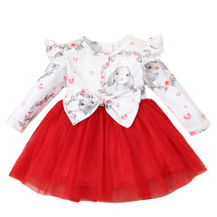 Baby Girl Rabbit Print Big Bow Long Sleeves Spring Dresses