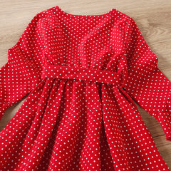 Autumn Kid Baby Girls Polka Dot V-neck Bow Tie Dress
