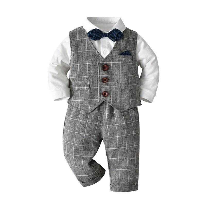 Baby Boy Suit Gentleman Long Sleeve Plaid 3 Pcs Sets