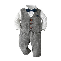 Baby Boy Suit Gentleman Long Sleeve Plaid 3 Pcs Sets