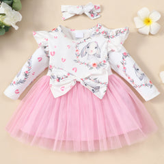 Baby Girl Rabbit Print Big Bow Long Sleeves Spring Dresses