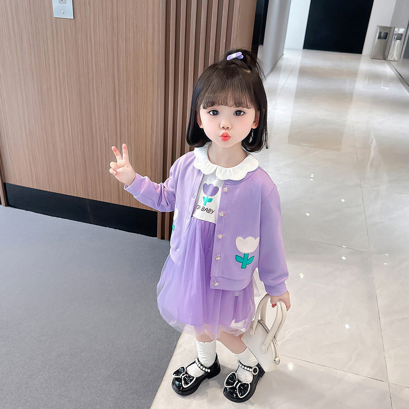 Kid Baby Girls Purple Flower Spring Foreign Fashion 2 Pcs Set