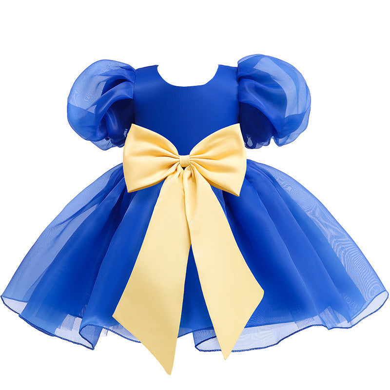 Kid Baby Girls Princess Bubble Sleeve Bow Mesh Puffy Dress