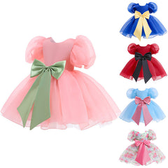 Kid Baby Girls Princess Bubble Sleeve Bow Mesh Puffy Dress