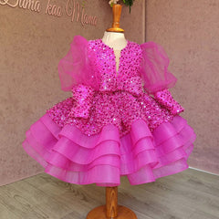 Kid Girl Princess Stylish Sequin Mesh Bubble Sleeves Fluffy Dresses