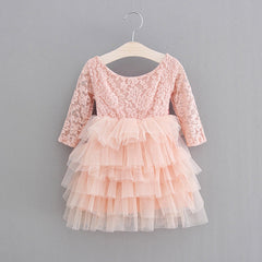 Kid Baby Girl Lace Bow Long Sleeve Cake Spring Dresses