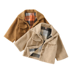 Kid Baby Boy Autumn Plush Plaid Double Sided Coat