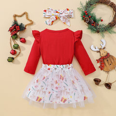 Baby Girl Christmas Elk Print Fart Bow Gauze 2 Pcs Sets