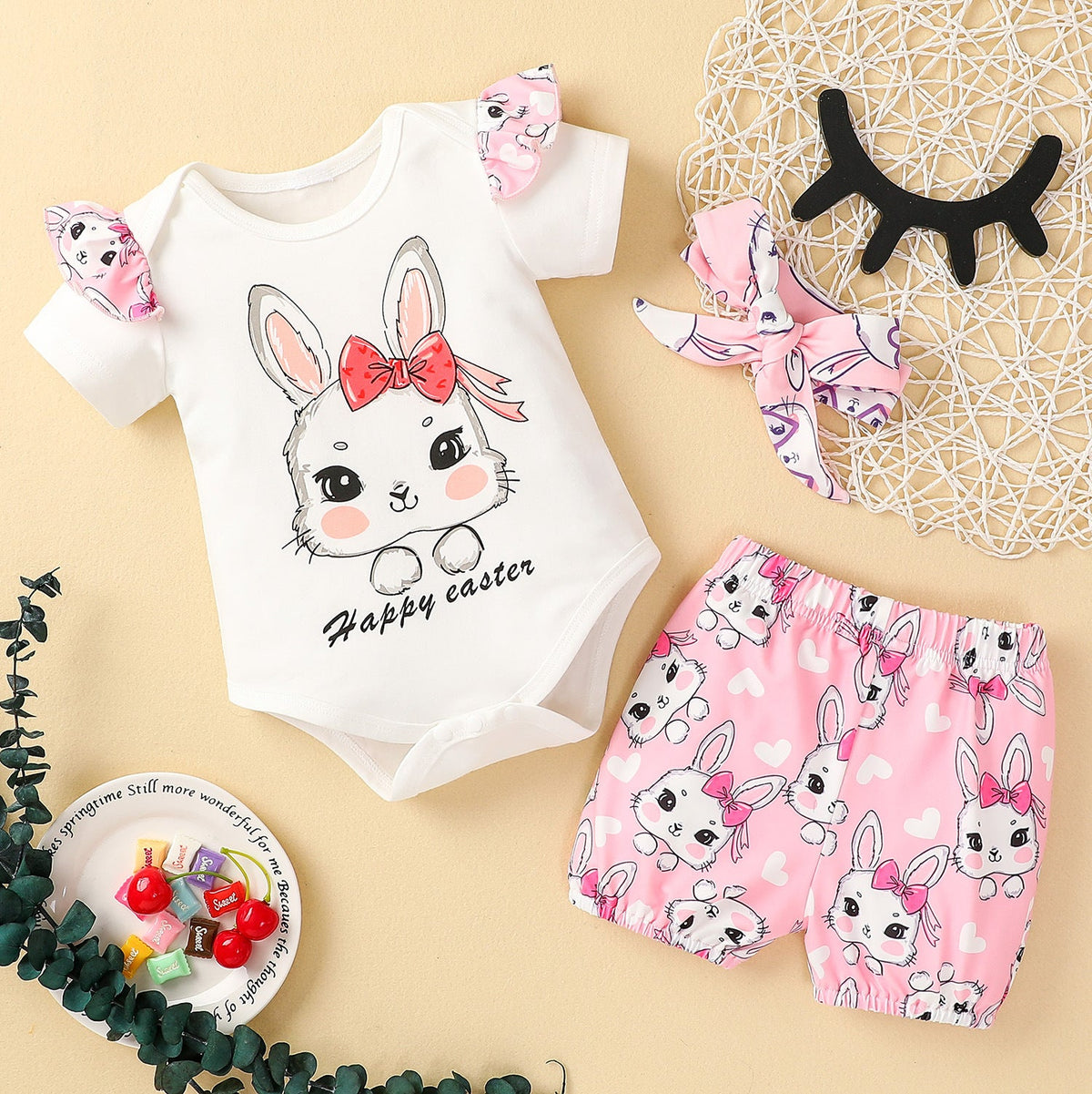 Baby Easter Bunny Print Triangle Halter Suit Sets 2 Pcs
